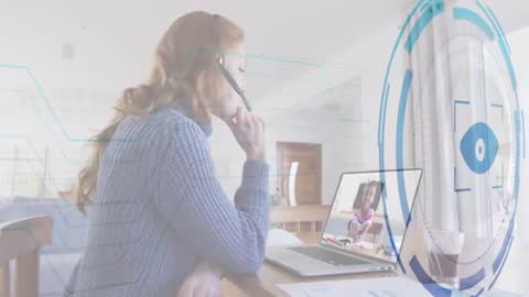 Woman Using Laptop for Remote Learning with Headset and Animated Analytics
