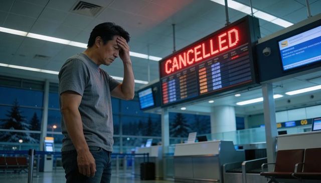 Frustrated traveler facing flight cancellation at empty airport terminal