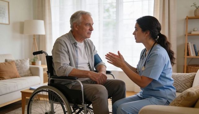 Home health nurse consulting with senior man in wheelchair during in-home assessment