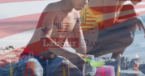 Children Enjoying Beach Activities with Patriotic Displays