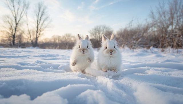 Fluffy twin rabbits sitting in pristine snow field during golden hour with paw prints