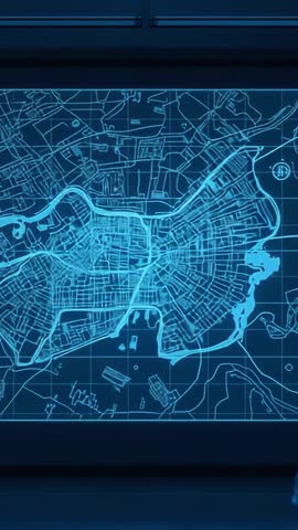 Futuristic Control Room Display Showing Neon Blue City Grid Network Vertical Video