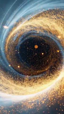 Spinning Golden Particle Vortex Rotating in Cosmic Void with Blue Wisps and Glowing Halo