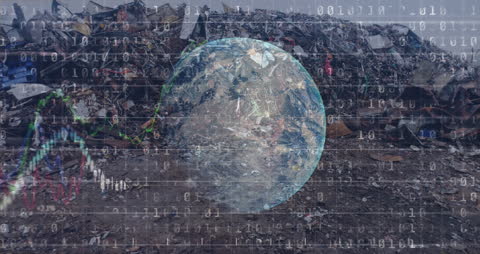 Globe with Data Animation Overlay on Rubbish Dump