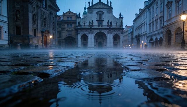 Dusk rain on wet cobblestone reflecting baroque facade in historic square, misty lamppost glow