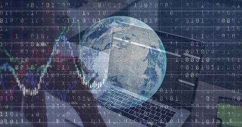 Global Digital Market Network Overlaying Laptop with Binary Code and Financial Charts