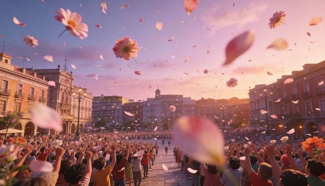 Sunset festival in historic plaza with crowd raising hands and flower petals floating