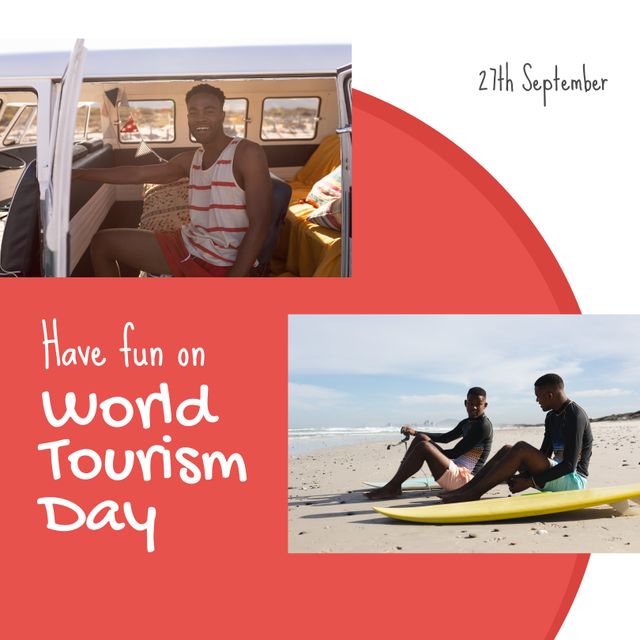 This image highlights the spirit of World Tourism Day, featuring two friends enjoying a surfing adventure at the beach. It is perfect for promoting travel, adventure activities, and tourism campaigns aimed at cultural diversity and celebration. Great for social media, travel blogs, and tourism promotional materials.