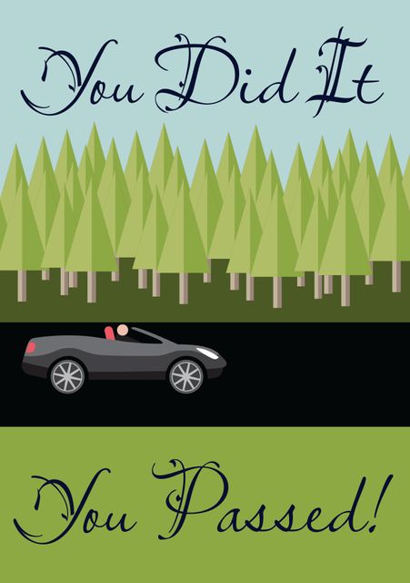 Image features a whimsical design with 'You Did It, You Passed!' text and illustration of a car on a forest road with a blue sky background. Ideal for congratulating someone on passing their driving test, achieving a milestone, or celebrating success. Can be used for greeting cards, encouragement posts, or social media celebrations.