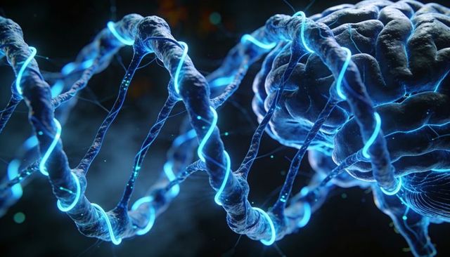 Glowing dna helix entwining brain tissue with neon energy strands, neural genetics