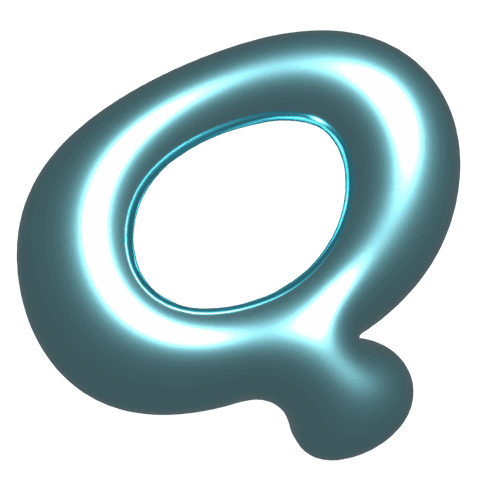 Transparent glossy neon q glyph floating with cyan rim glow and polished metallic torus