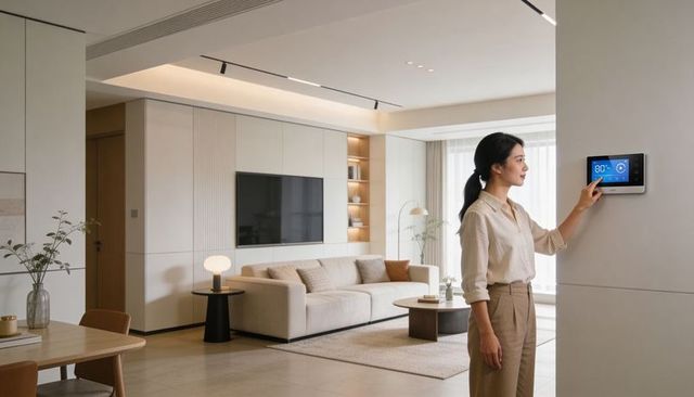 Woman adjusting smart thermmostat in modern minimalist living room for home automation