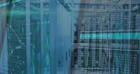 Encrypting Data in Blue Server Rack Aisle Featuring Cybersecurity, Cabinets and Cables