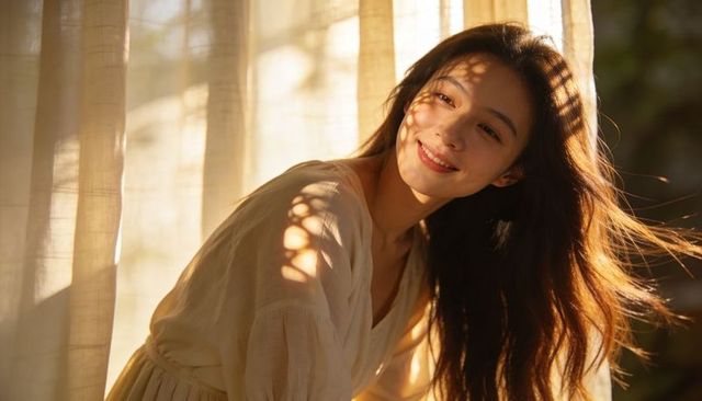 Sunlit serene asian woman leaning by window with flowing hair and dappled curtain light