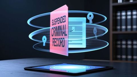 Holographic suspended criminal record over digital tablet
