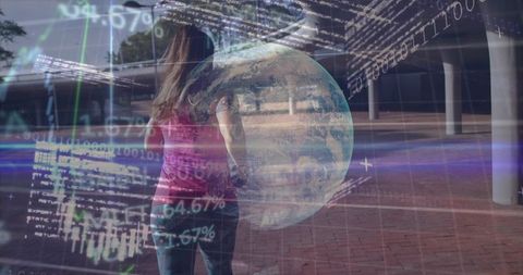 Woman Engaging with Global Technology Overlay in Urban Plaza