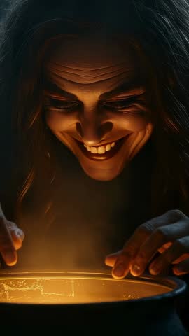 Cloaked witch crafting glowing potion over bubbling cauldron in dark ritual vertical video