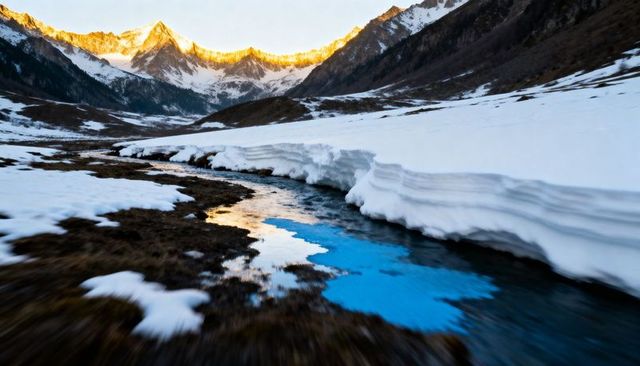 Sunlit ridgeline reflecting in winding alpine meltwater stream cutting through snowy valley