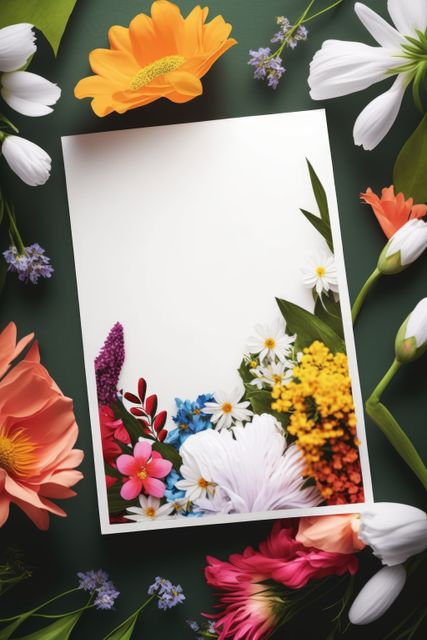This image features a blank white sheet of paper surrounded by a vibrant assortment of flowers, including daisies, bright orange blossoms, and various colorful flora. Ideal for use in greeting cards, invitations, posters, or any craft project requiring a floral touch. The space in the center allows for personalized messages or designs.