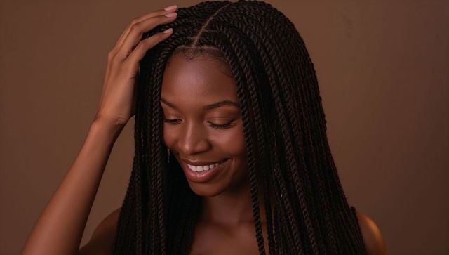 Smiling woman with long box braids touching scalp bare shoulders soft warm studio portrait