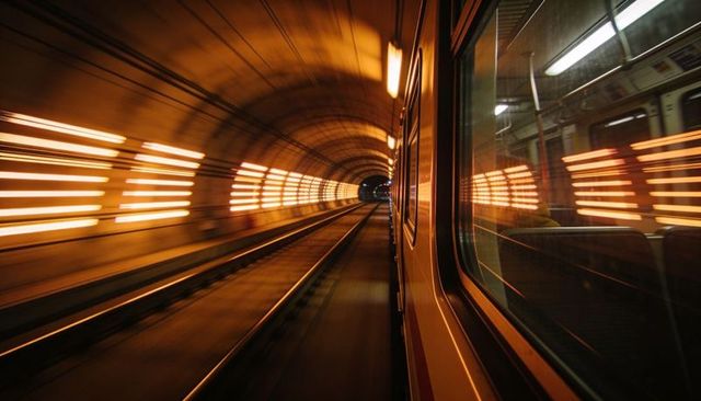 Racing metro through illuminated curved tunnel with streaking lights and window reflection