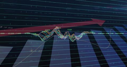 Mixed Graphics of Financial Analysis with Rising Arrow on Digital Screen