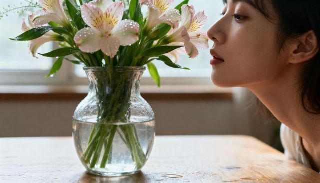 Woman leaning and smelling dewy alstroemeria bouquet in glass vase by window