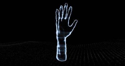 Holographic Hand Reaching Out in Futuristic Digital Landscape