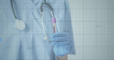 Nurse Holding Blood Sample Tube Against Data Grid Background