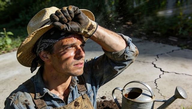 Kneeling gardener wiping sweat while watering plants on cracked concrete patio