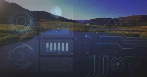 Overlaying Futuristic HUD on Serene Lakeside Valley at Sunset with Moon Reflection