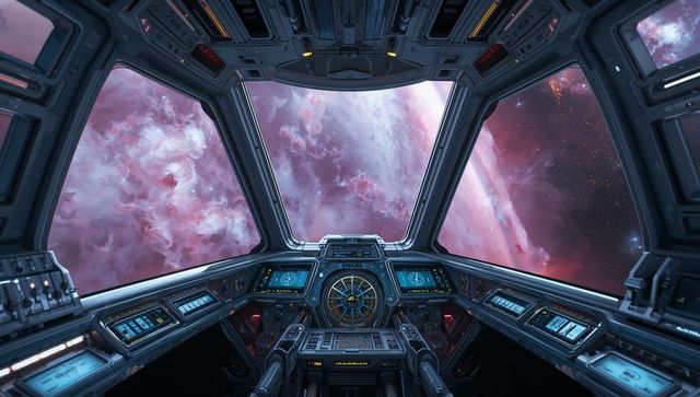 Futuristic Cockpit with Cosmic View and Technology Interface
