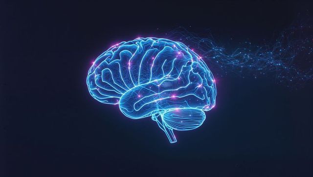 3D Brain Hologram with Neon Pathways in Cyberspace Concept