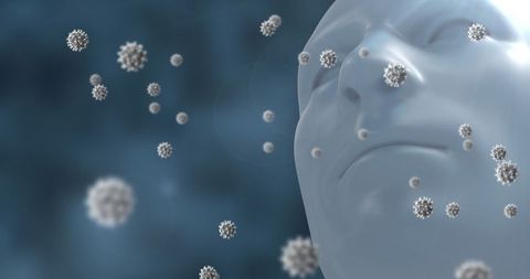 Translucent cgi head with floating virus particles in abstract space