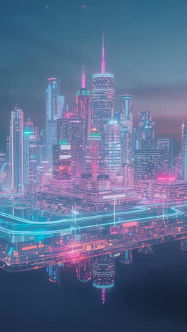 Opening neon metropolis at dusk with reflective water and flowing light trails