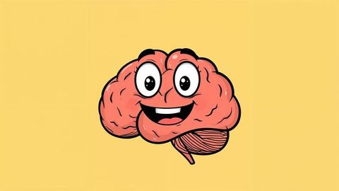Cartoon brain character with playful expression on yellow background