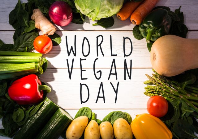 Overhead view of world vegan day text amidst fresh vegetables arranged on wooden table. digital composite of healthy lifestyle and vegetarianism.
