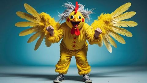 Playful person wearing a large yellow chicken costume with sneakers in a crazy scene
