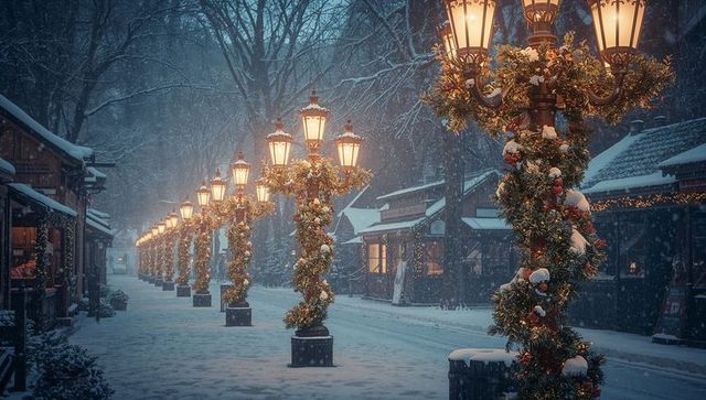 Festive Lamp Posts Adorned with Winter Decorations on Snowy Street