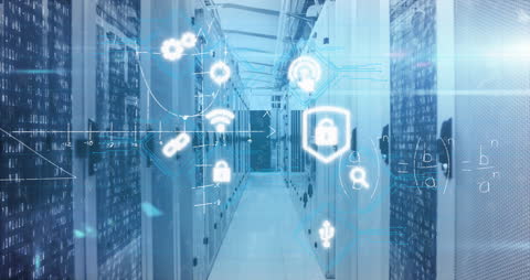 Digital Security Icons Over Ghosted Server Racks