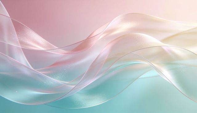 Flowing translucent ribbons in pastel gradient with pearlescent shimmer and soft waves