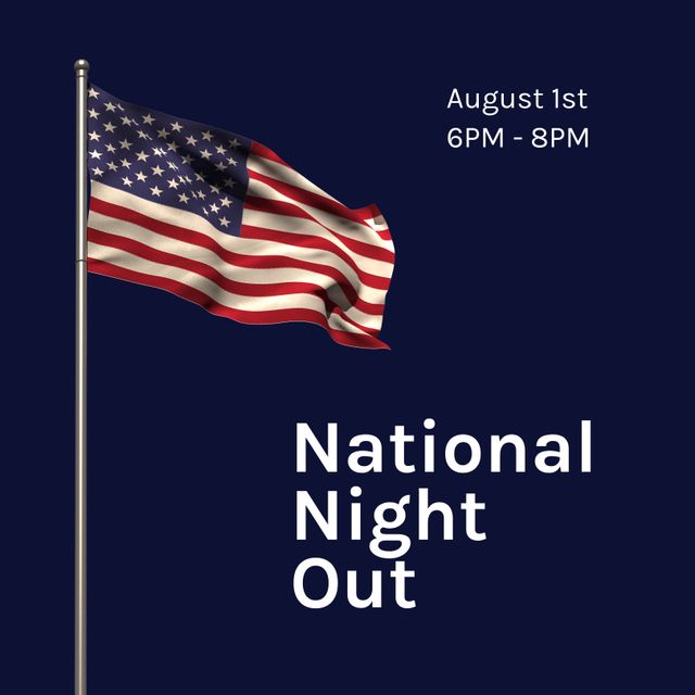 Perfect visual for promoting National Night Out event focused on community building and unity. Suitable for social media promotions, event invitations, and flyers depicting a patriotic theme with clear event details.