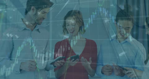 Team Analyzing Data with Digital Graph Overlay in Modern Office