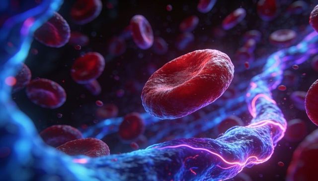 Floating red blood cell drifting beside neon filament in microscopic bloodstream render