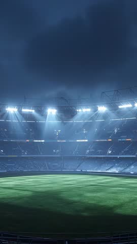 Vertical video showing empty stadium glowing under floodlights during dramatic cloudy night