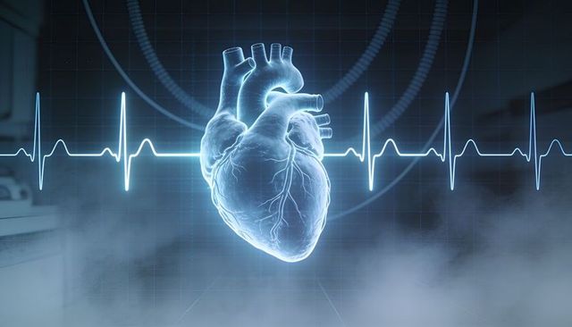 Glowing holographic human heart pulsing over ecg waveform in futuristic medical lab