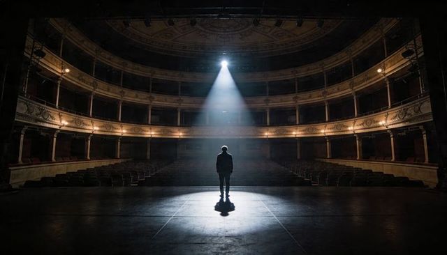 Solo performer standing under spotlight on empty ornate vintage theater stage