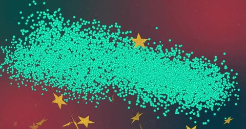 Gliding turquoise particle stream with glittering gold stars on maroon gradient