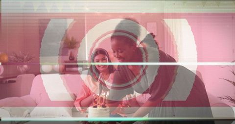 Cutting 30th birthday cake, celebrating in cozy pink living room with glitch overlay