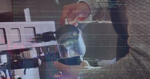 Barista Crafting Coffee with Digital Innovation Overlays